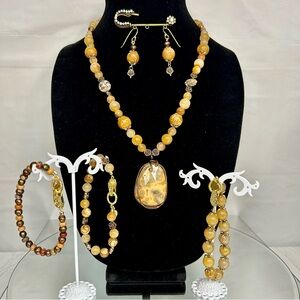 Crazy Lace Agate, Orca Agate, Picture Jasper, Copper Roses Beaded Jewelry Set